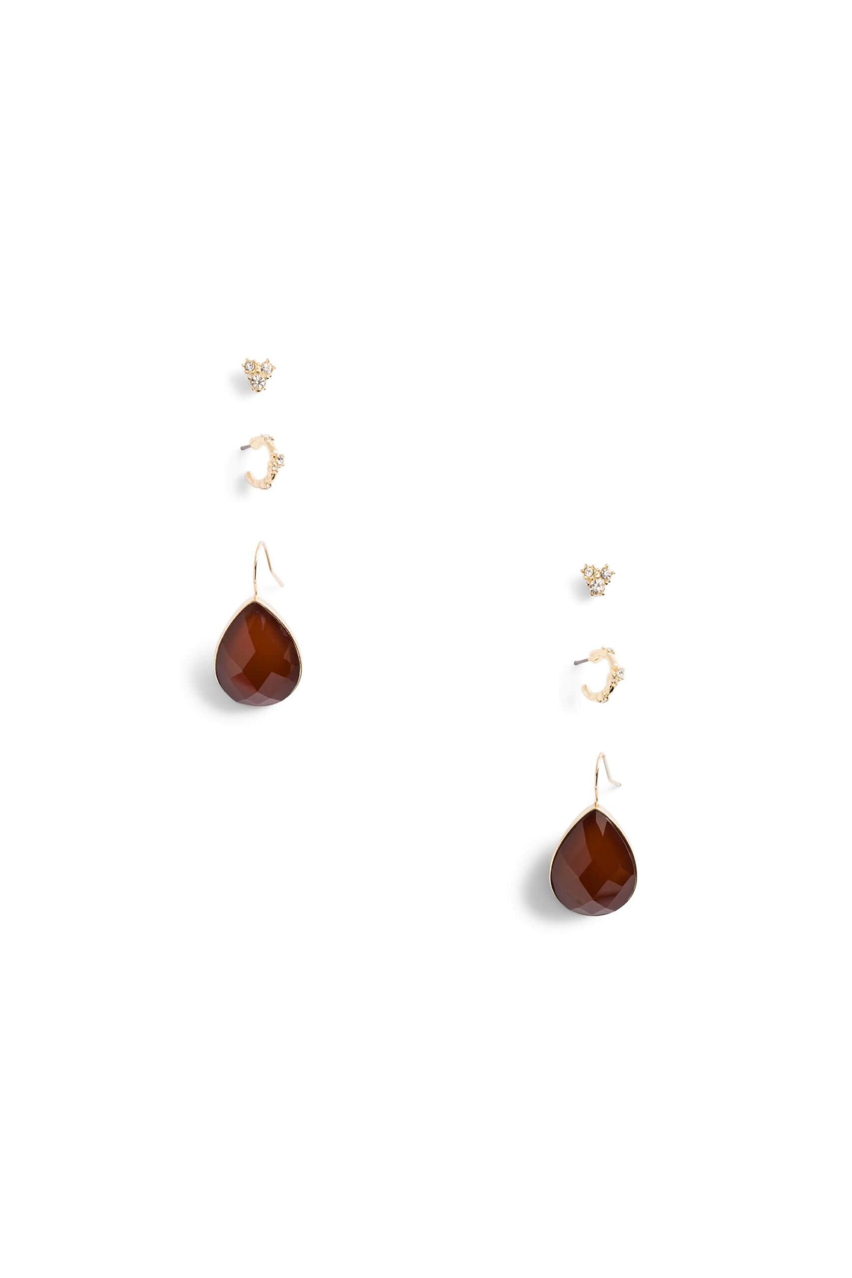 Stitch Fix women’s gold earring set with post, small hoops and burgundy drop earrings.