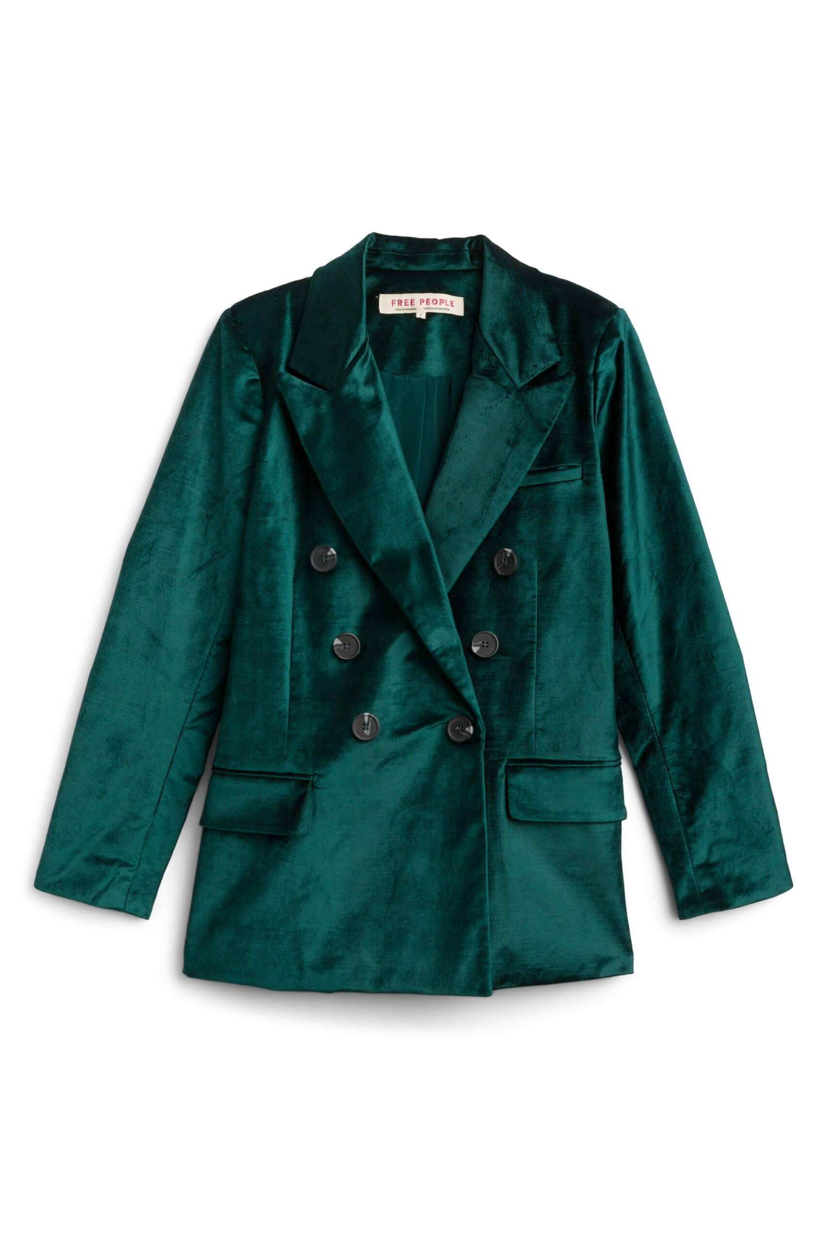Stitch Fix women’s emerald velvet blazer with black buttons.