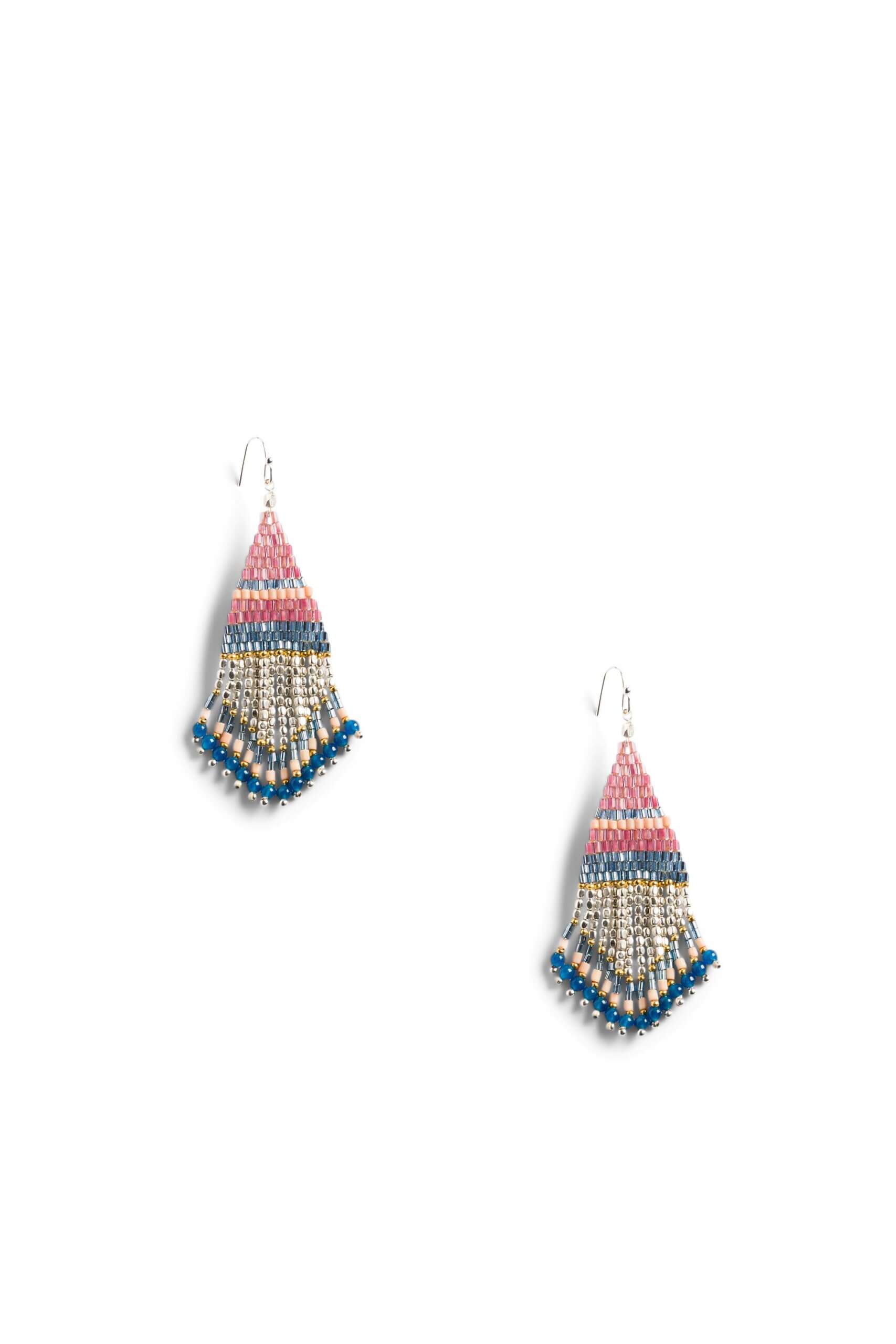 Stitch Fix women's boho style pink, blue and silver beaded chandelier earrings.