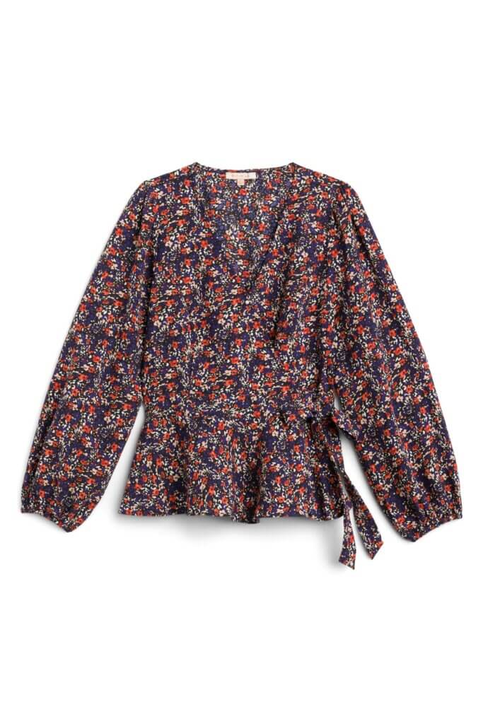 Stitch Fix women's navy floral print long-sleeve wrap blouse with tie waist.