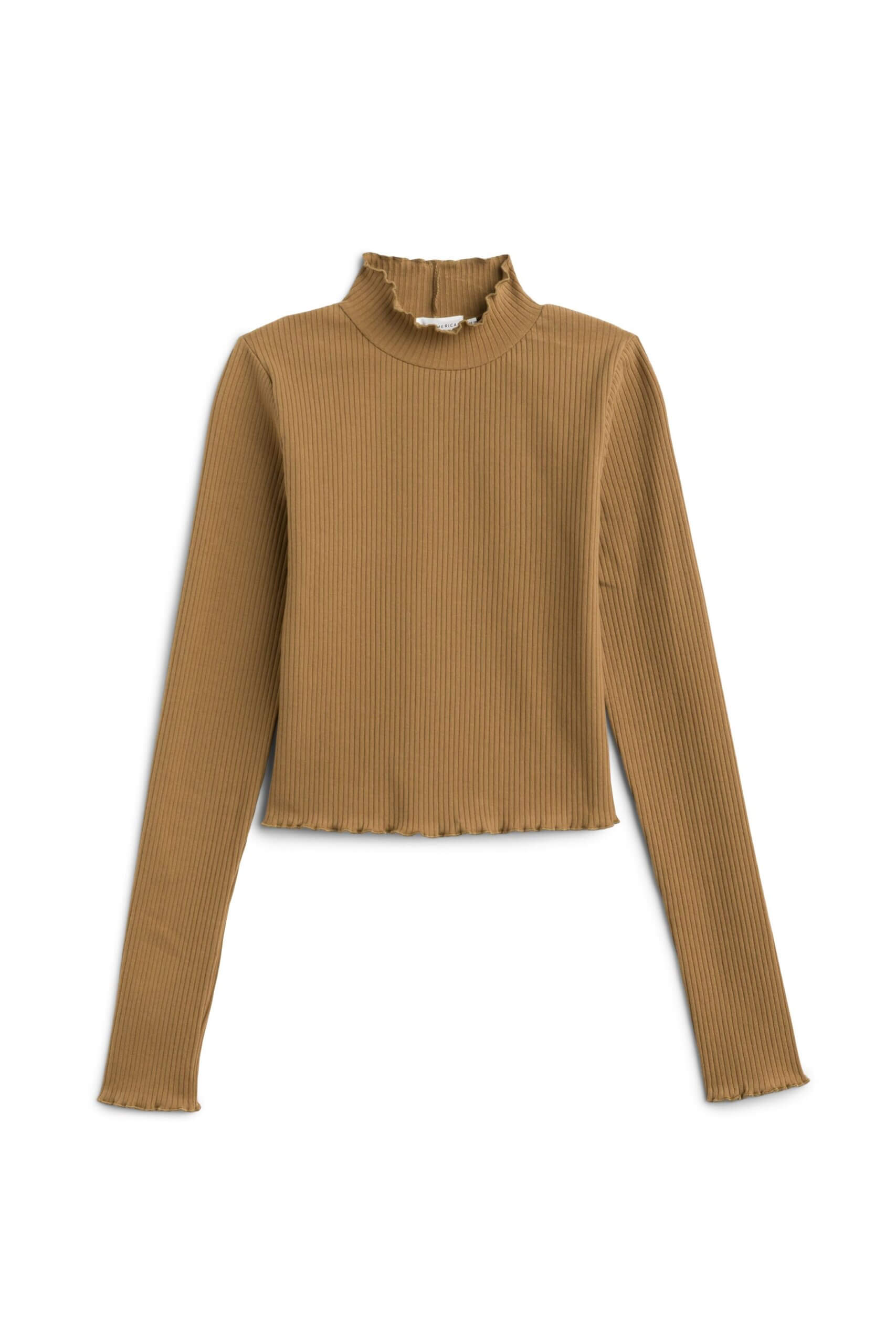 Stitch Fix women’s camel mock-neck cropped knit shirt.