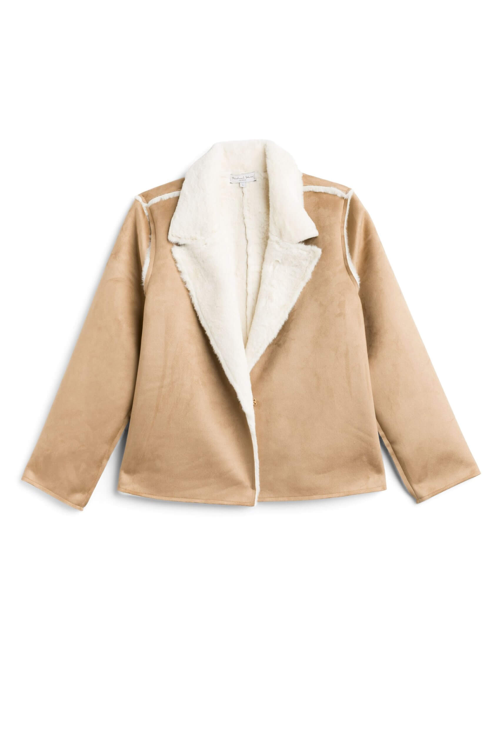 Stitch Fix women's boho style tan and white faux fur jacket.