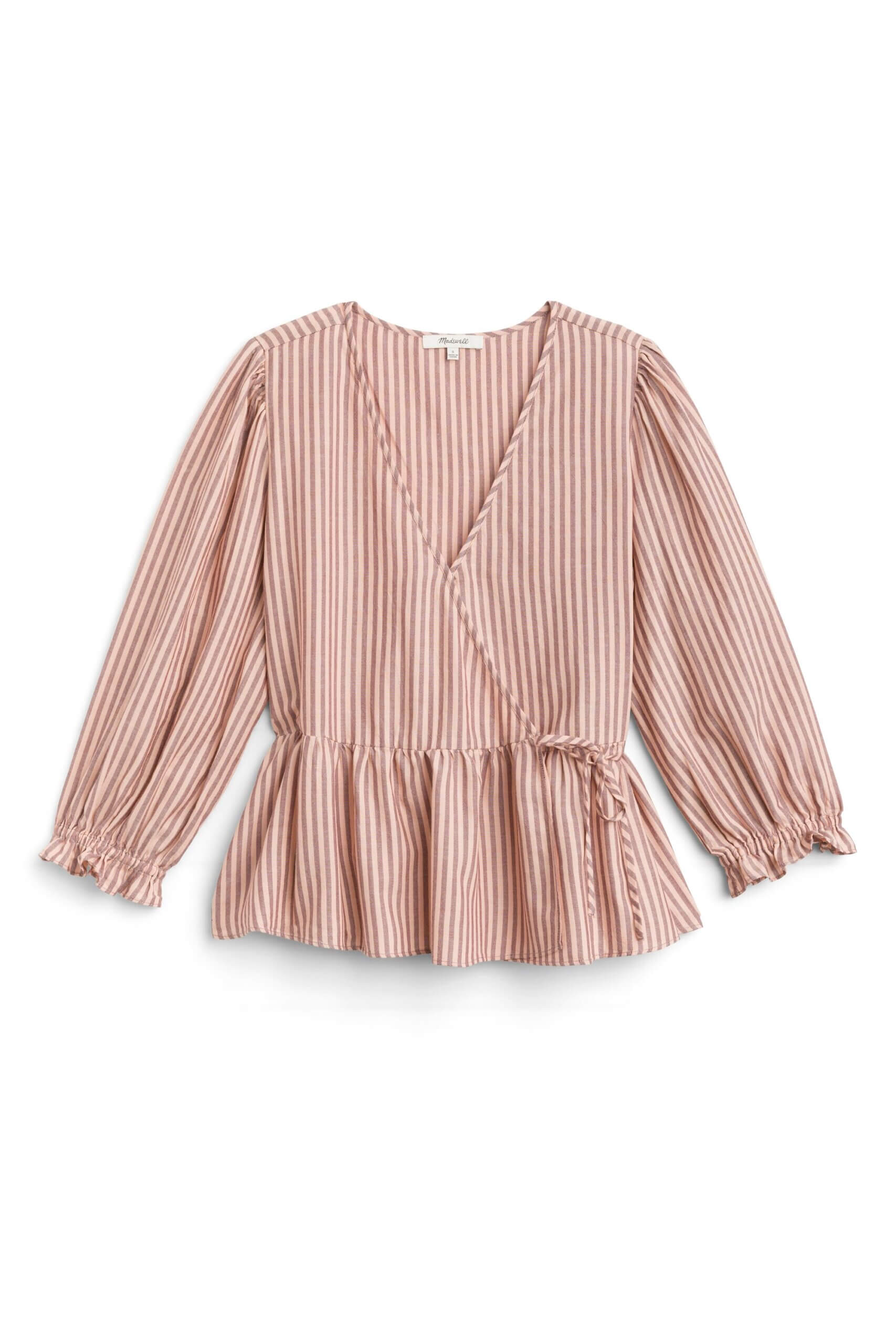 Stitch Fix women's blush striped puff sleeve peplum wrap top.