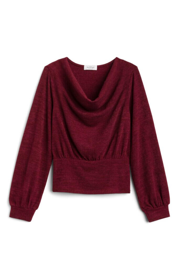 Stitch Fix women's burgundy cowl neck long-sleeve shirt.