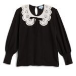 Stitch Fix women’s black long-sleeve blouse with white lace bib collar.