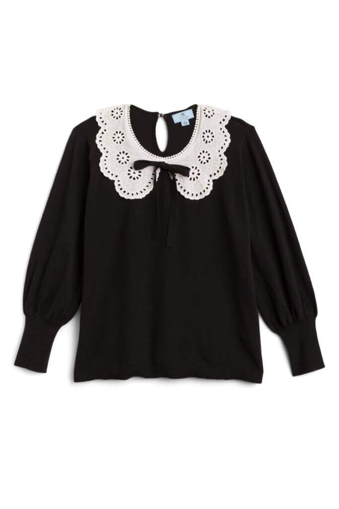 Stitch Fix women’s black long-sleeve blouse with white lace bib collar.