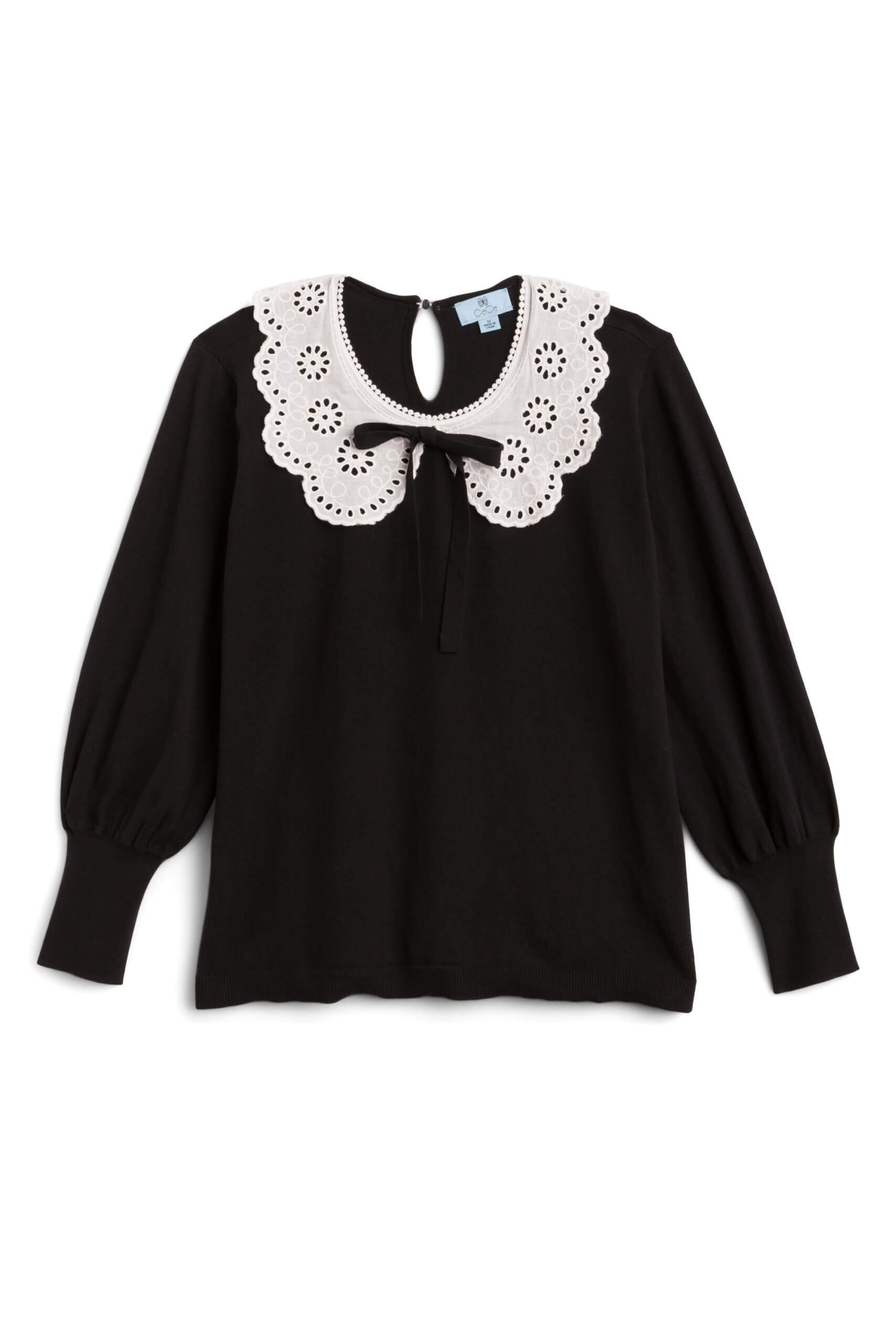 Stitch Fix women’s black long-sleeve blouse with white lace bib collar.
