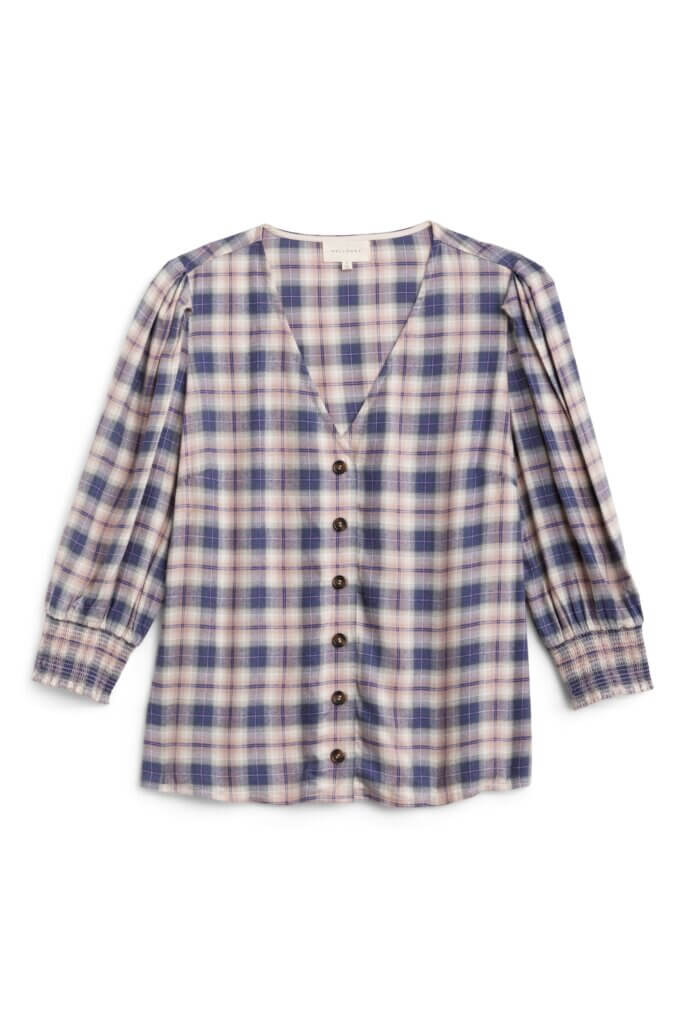 Stitch Fix women's navy, red and white button-front v-neck blouse.