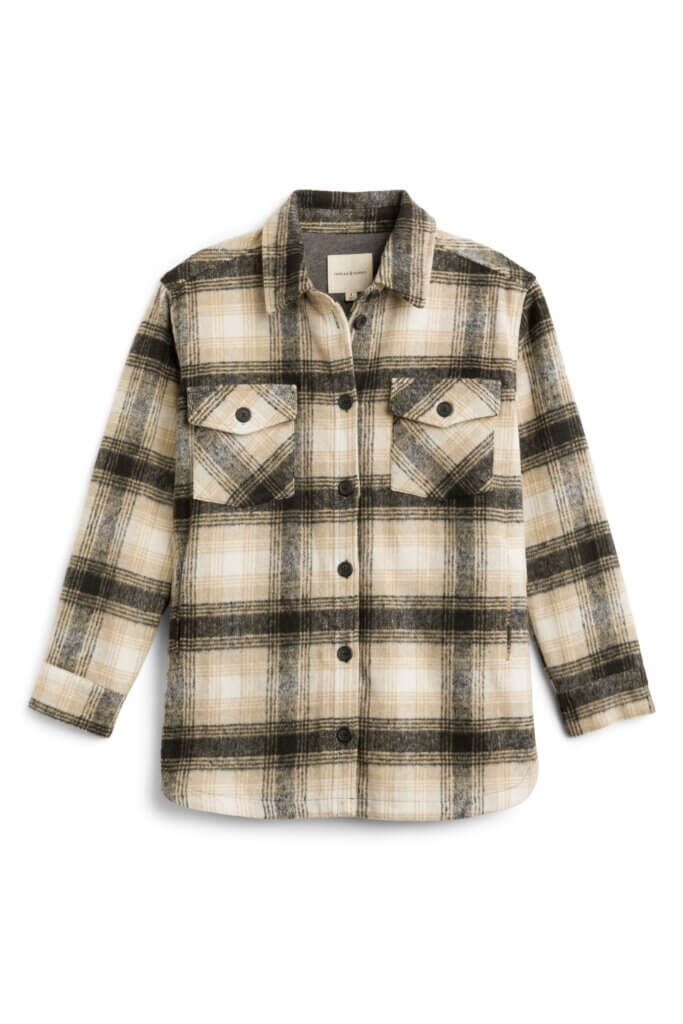 Stitch Fix women’s black and cream plaid button-up shacket.