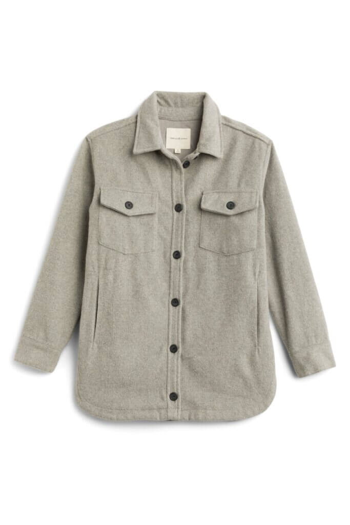 Stitch Fix women’s grey flannel shacket with black buttons.
