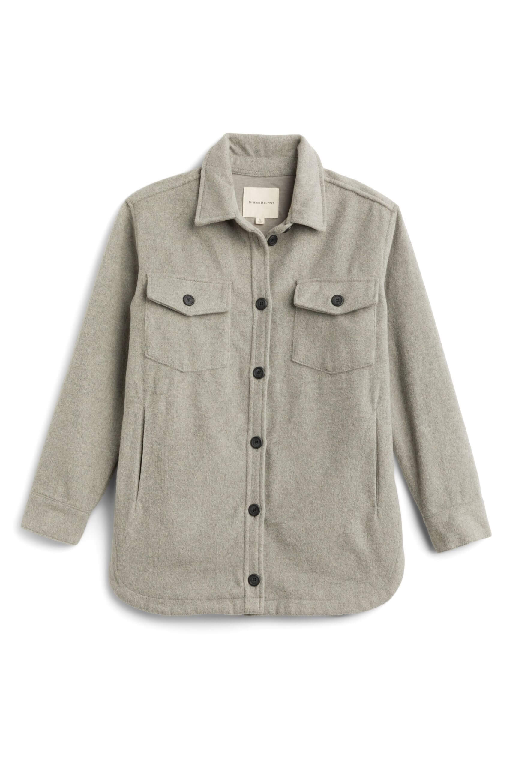 Stitch Fix women’s grey flannel shacket with black buttons.