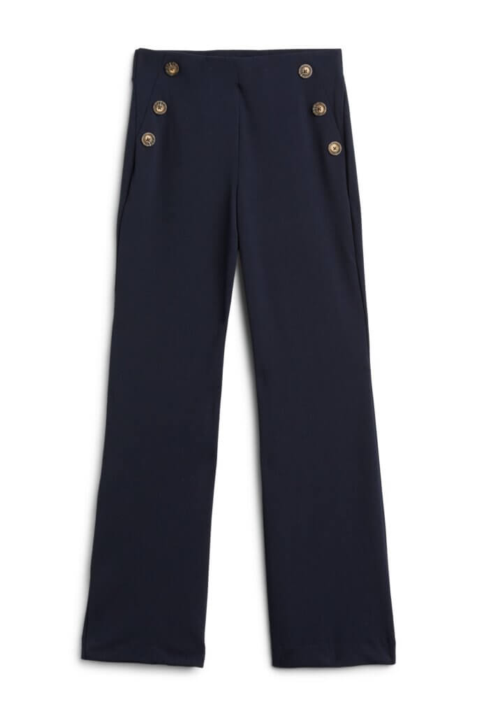 Stitch Fix women’s navy flare pants with gold buttons.