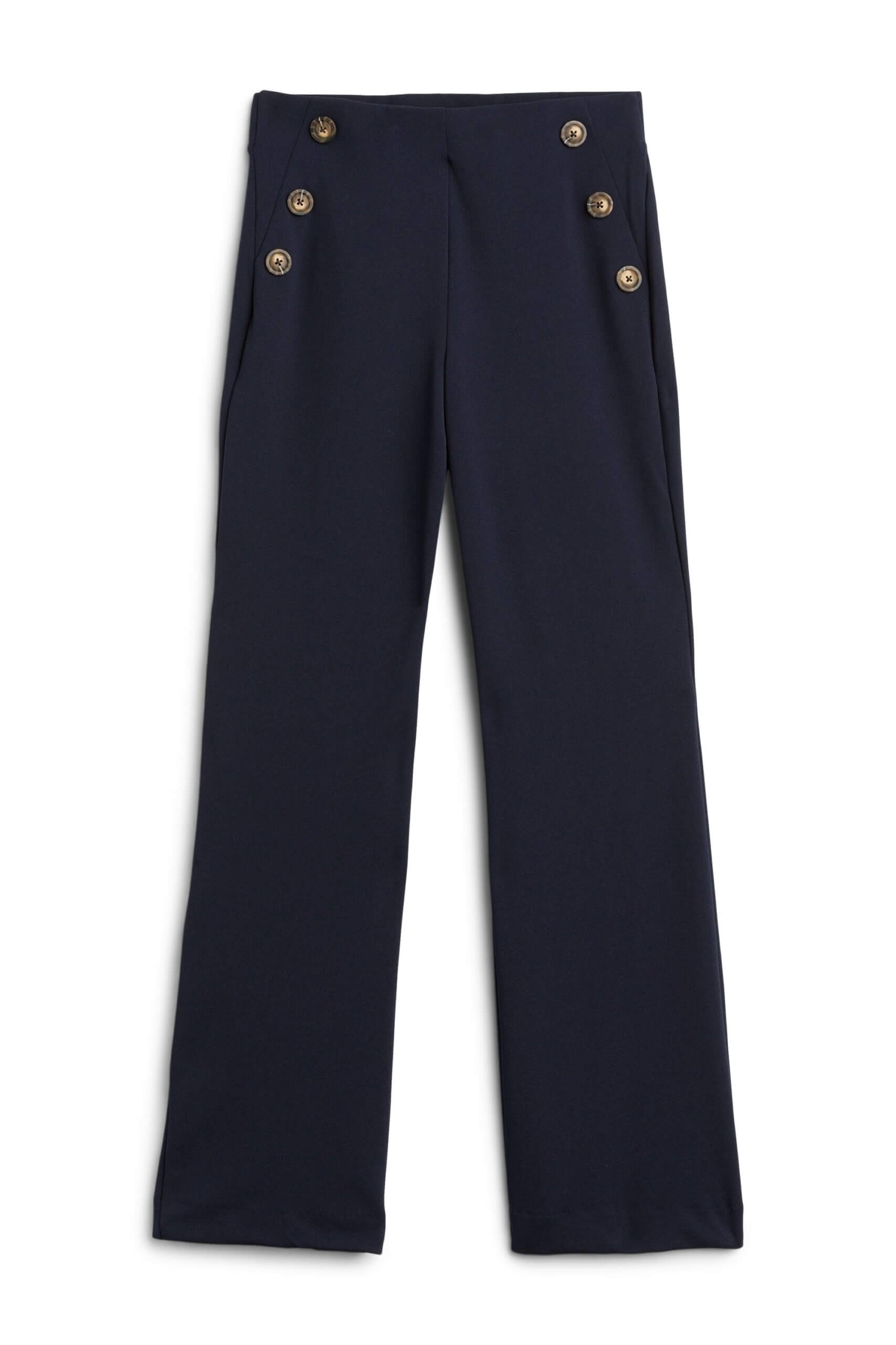 Stitch Fix women’s navy flare pants with gold buttons.