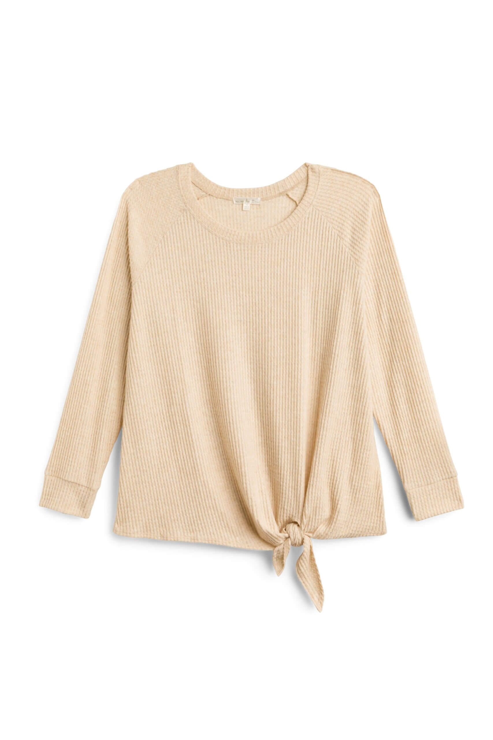 Stitch Fix women's beige long-sleeve shirt with knot at bottom.