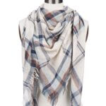 Stitch Fix women’s white, navy and burgundy plaid blanket scarf with fringe ends on bust form.