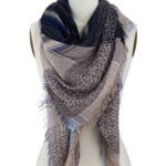 Stitch Fix women’s blue and tan blanket scarf with fringe ends on bust form.