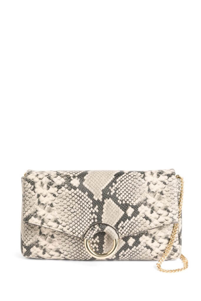 Stitch Fix women’s snakeskin clutch purse with gold chain.