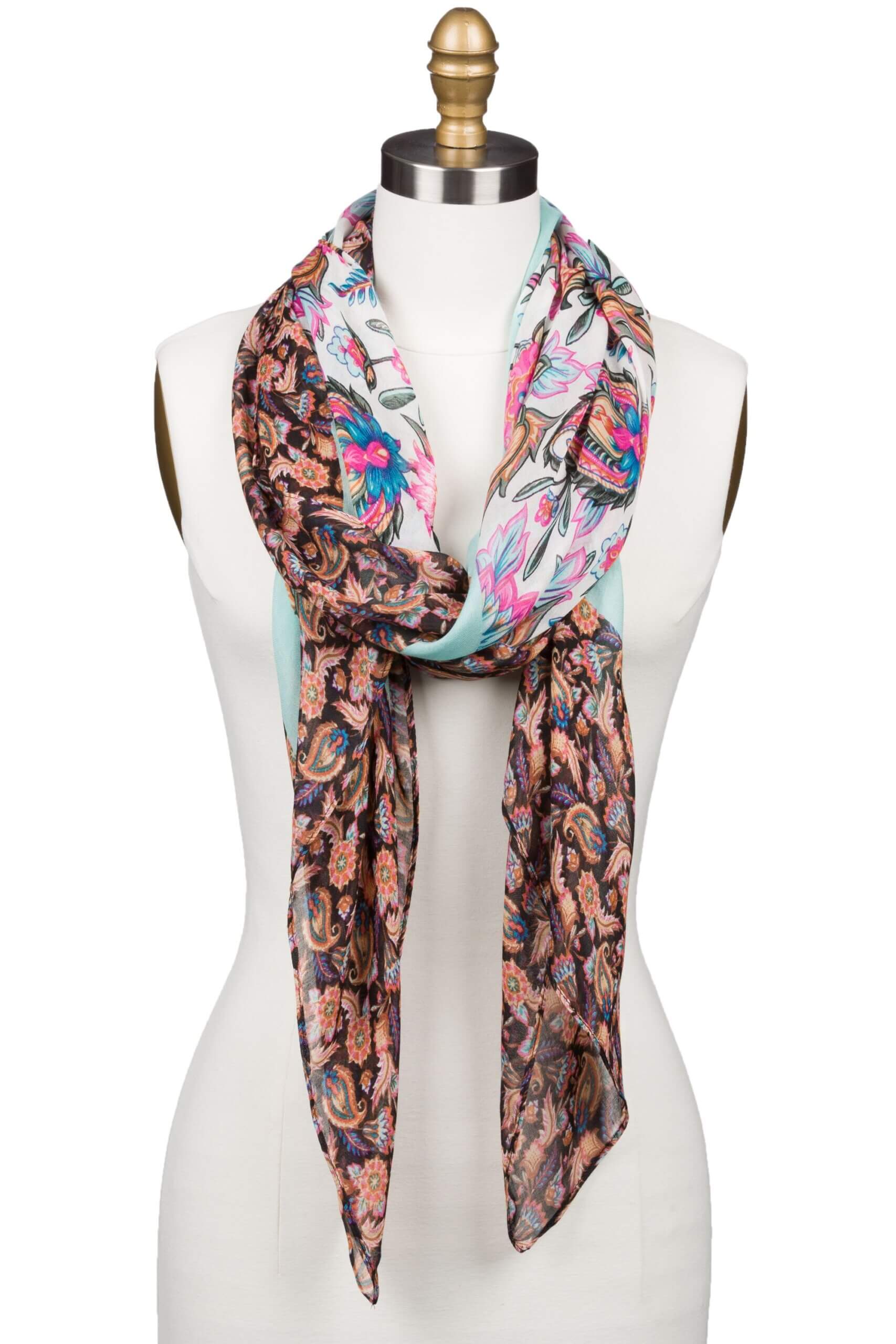 Stitch Fix women’s multi-colored paisley scarf on bust form.