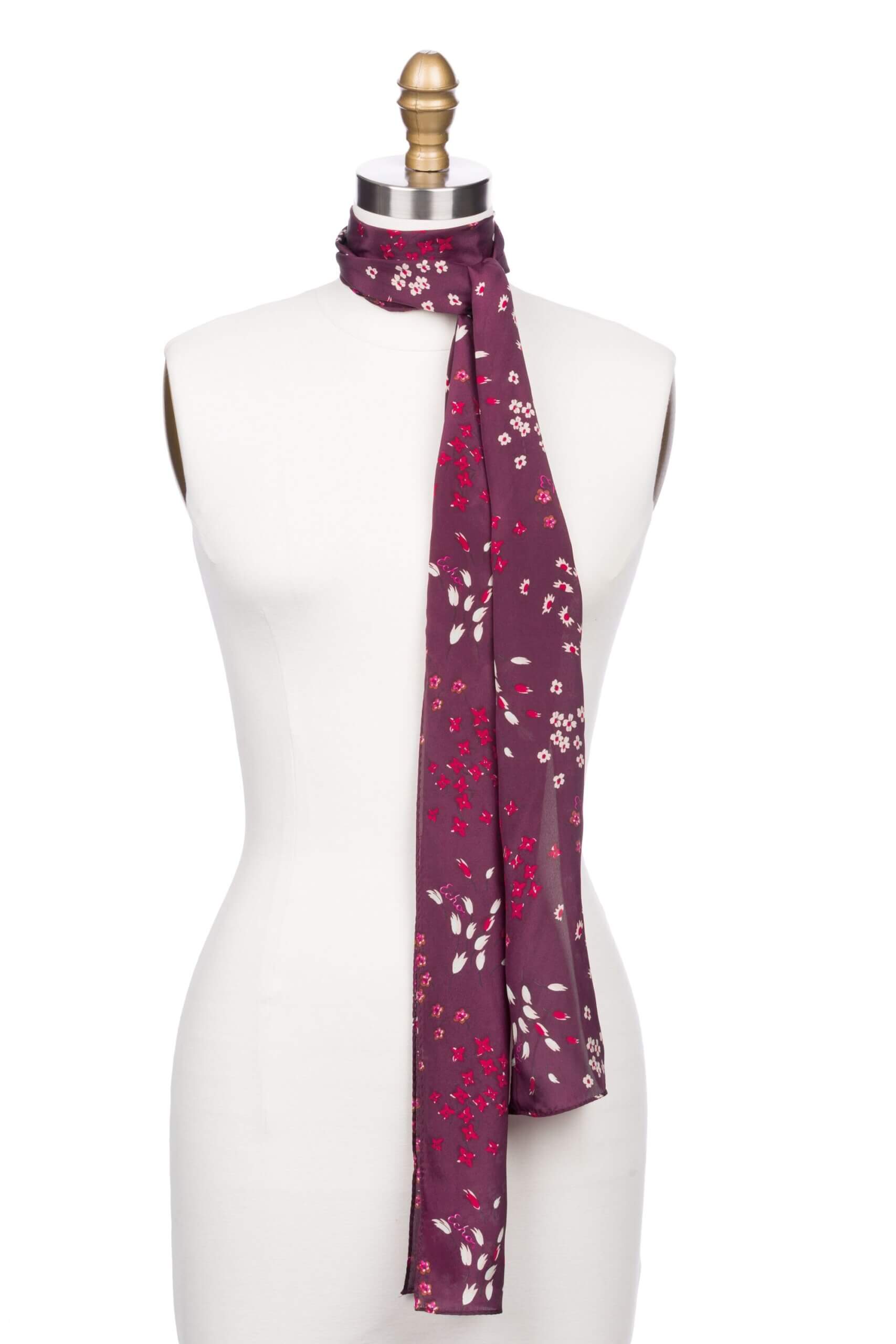 Stitch Fix women’s pink, purple and white floral print scarf on bust form.