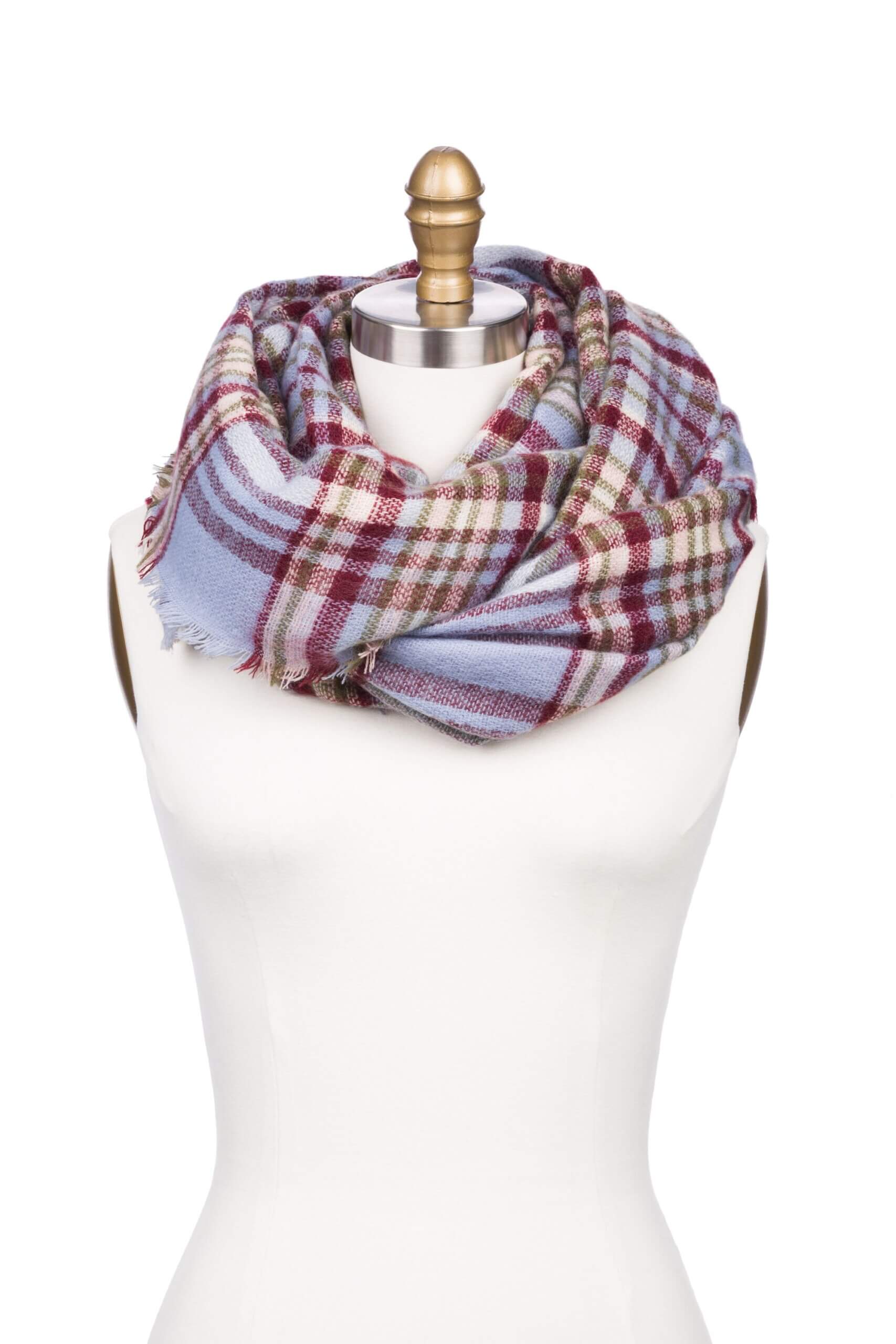 Stitch Fix women's light blue, burgundy, tan and off-white plaid infinity scarf.
