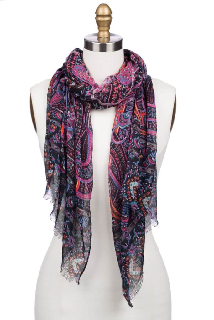 Stitch Fix women’s black, pink and purple paisley print scarf on bust form.