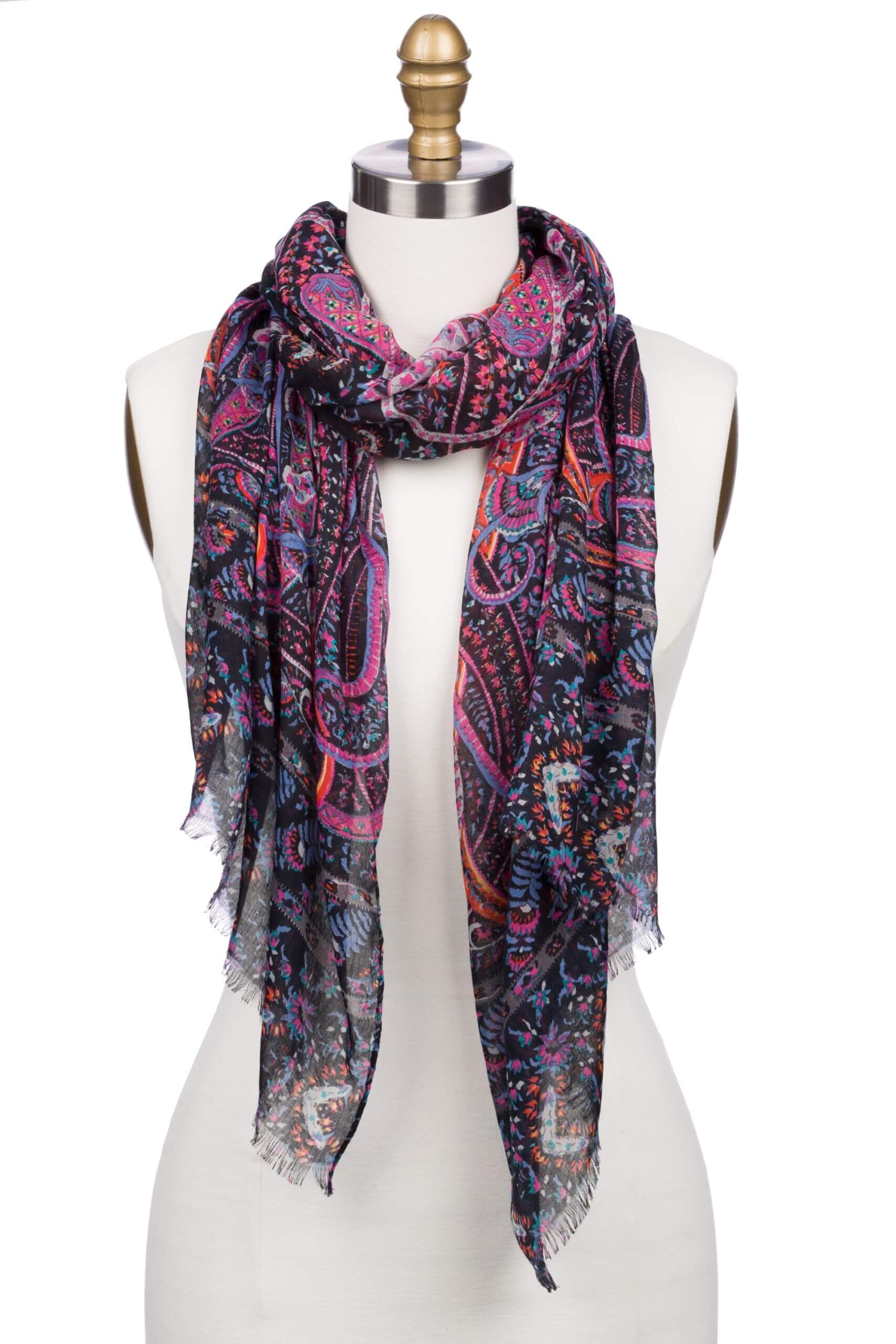 Stitch Fix women’s black, pink and purple paisley print scarf on bust form.