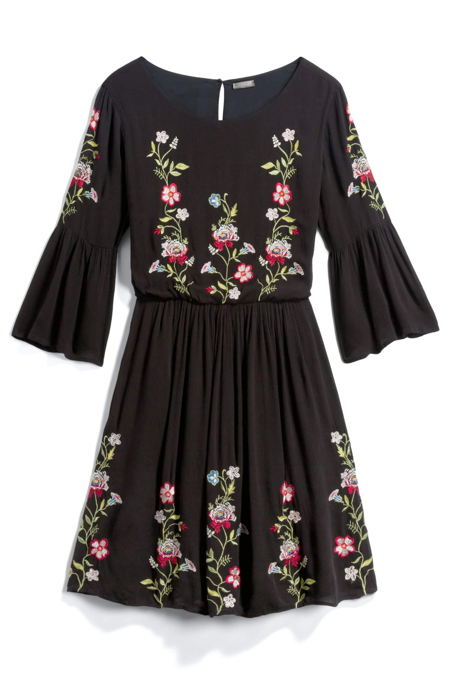Stitch Fix Desert Daze Trend black A-line midi dress with trumpet sleeves and floral embroidery.