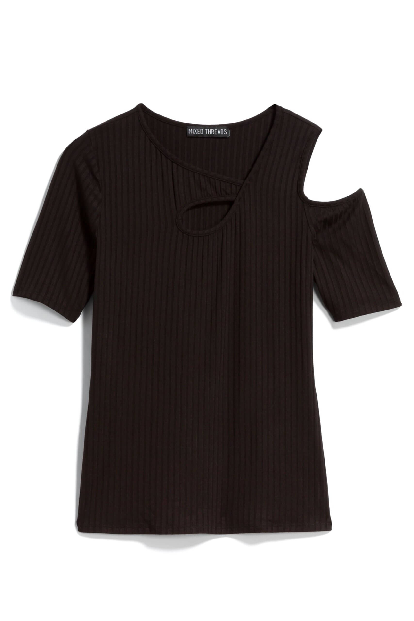 Stitch Fix women's black cut-out top with cold shoulder.