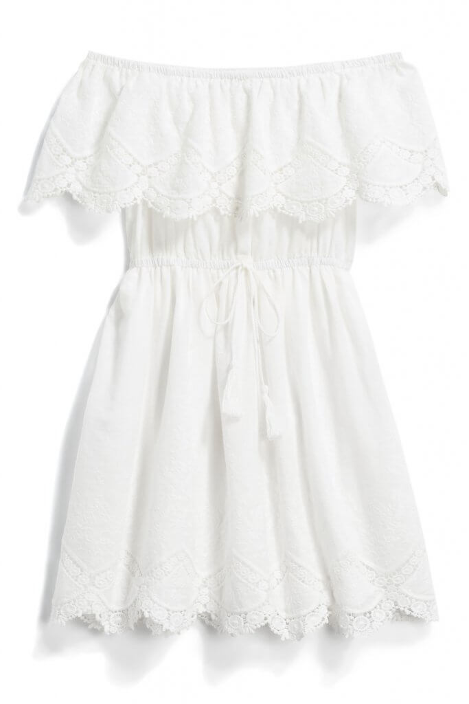 Stitch Fix women’s white lace off-the-shoulder dress.