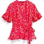 Stitch Fix women’s petite red v-neck floral blouse with a tie-waist.