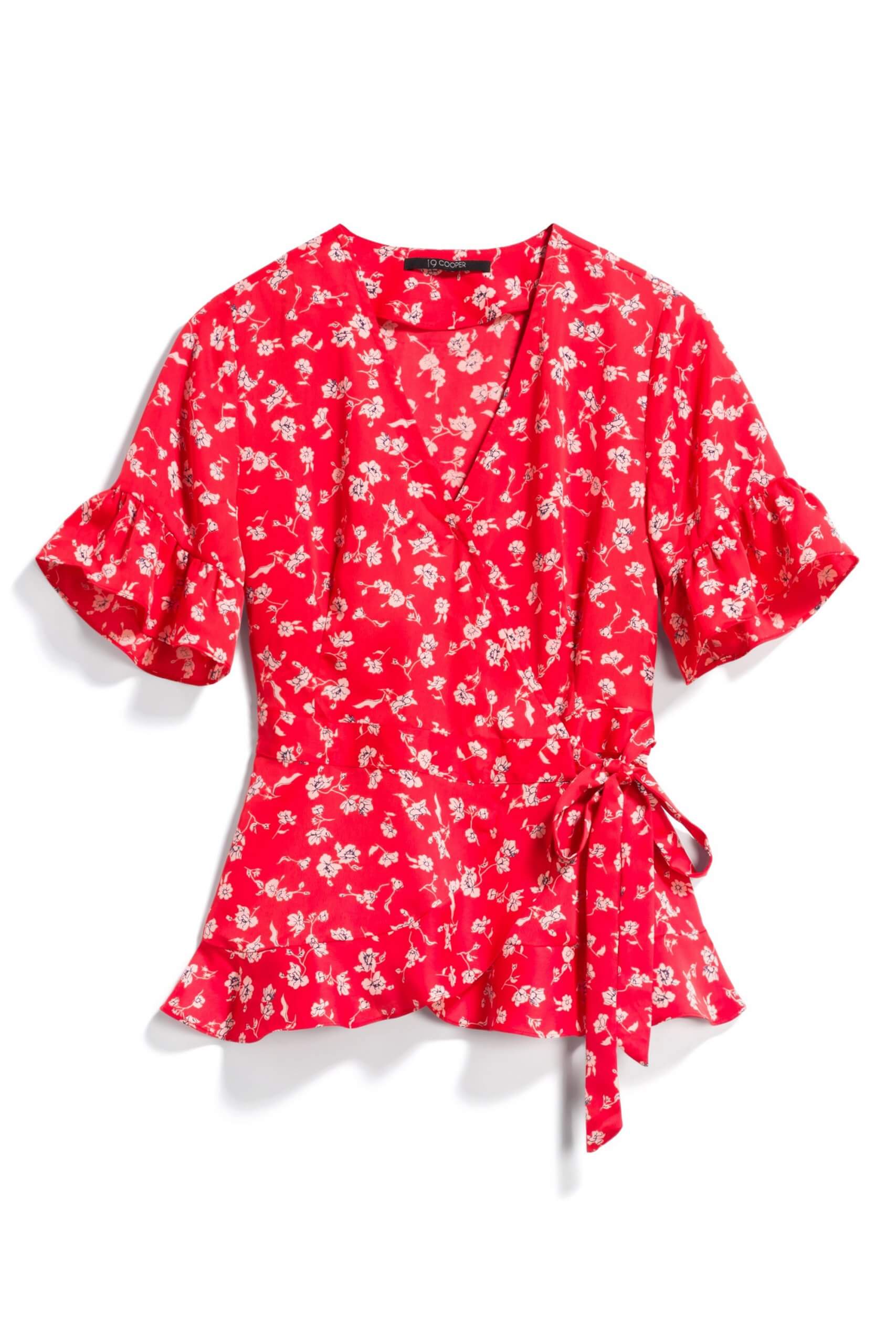 Stitch Fix women’s petite red v-neck floral blouse with a tie-waist.