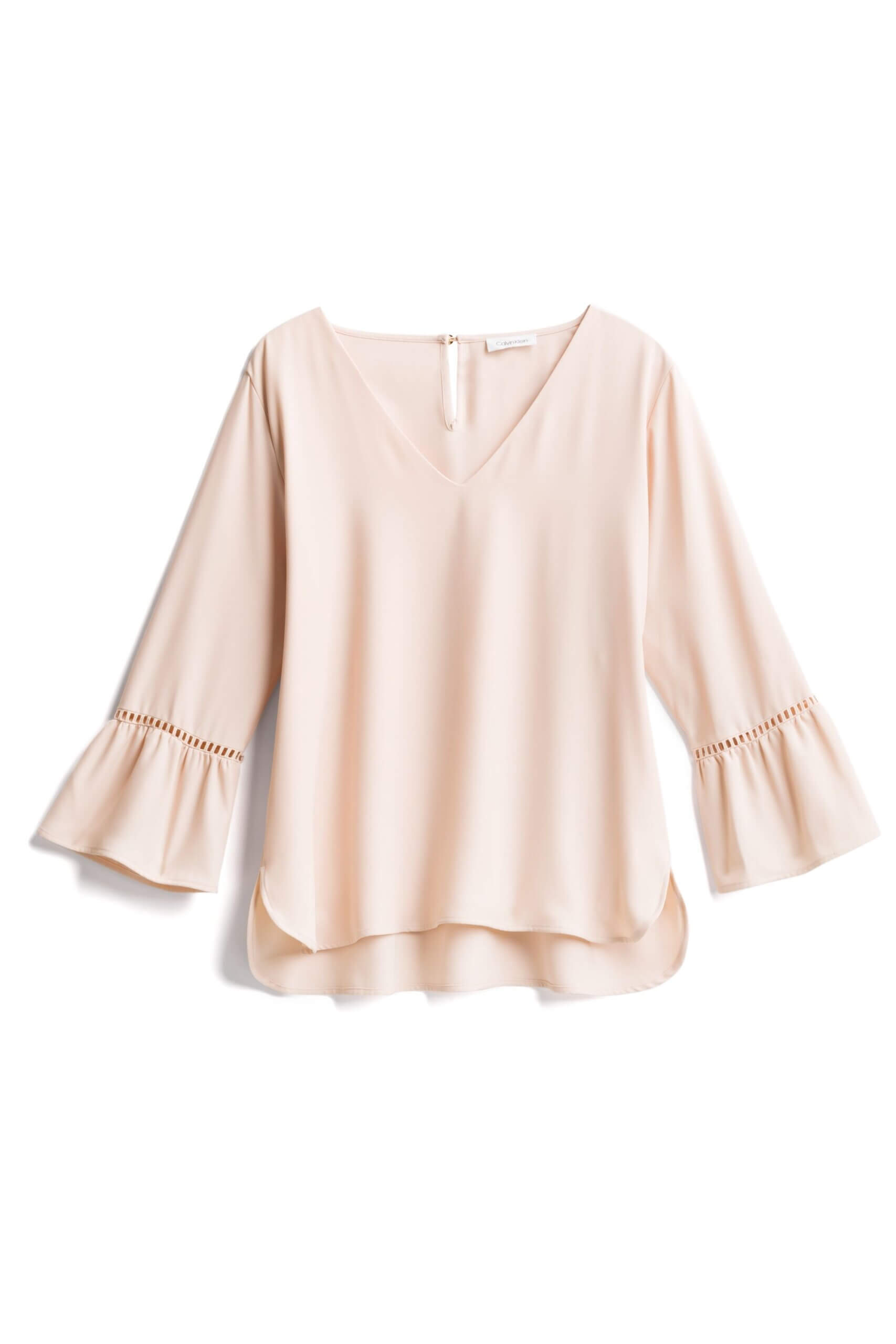 Stitch Fix Women’s collection light pink three-quarter sleeve blouse with ruffle sleeve detail.