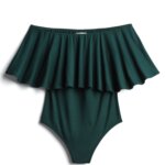 Stitch Fix women’s dark green ruffle off-the-shoulder bodysuit.