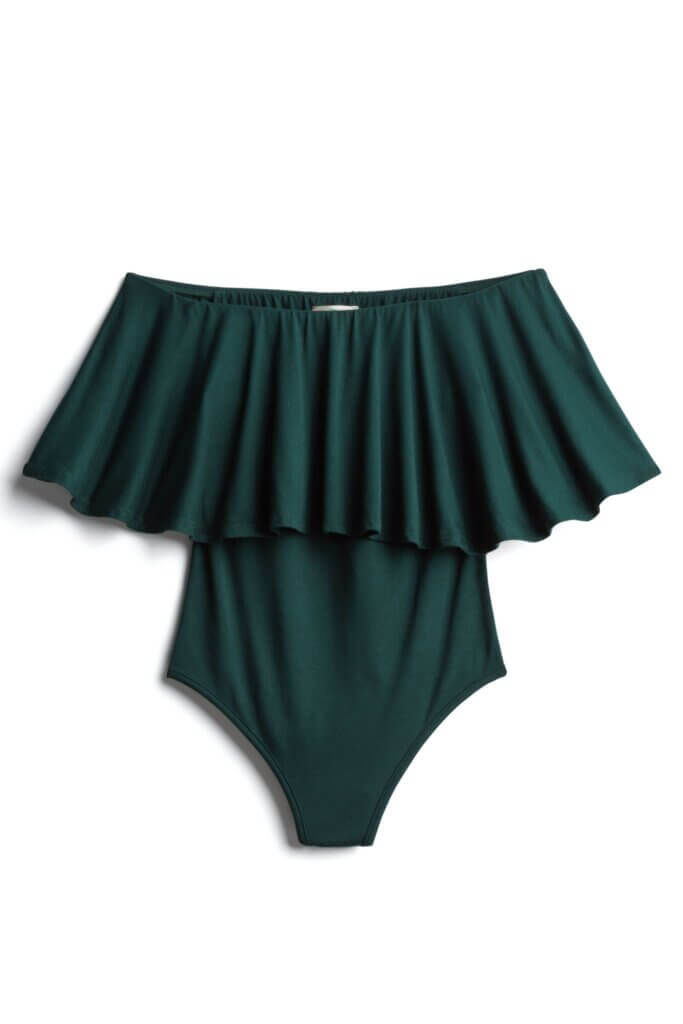 Stitch Fix women’s dark green ruffle off-the-shoulder bodysuit.