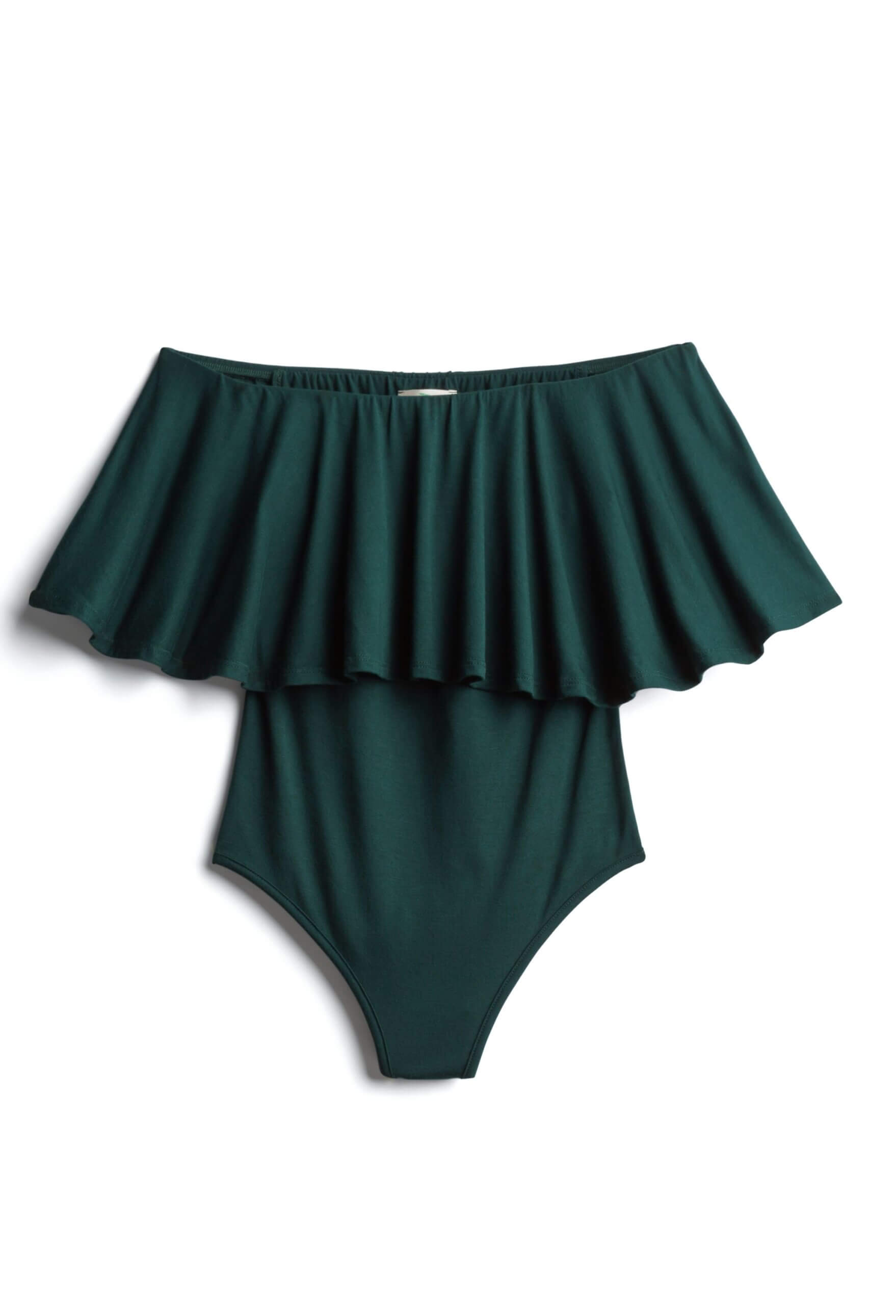 Stitch Fix women’s dark green ruffle off-the-shoulder bodysuit.