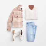 Stitch Fix Women’s cozy fall aesthetic outfit with white sweater, pink turtleneck, pink plaid jacket, blue jeans and white boots.