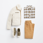 Stitch Fix Women’s cozy fall aesthetic outfit with white and yellow plaid shirt, brown joggers, white sherpa jacket and olive sneakers.