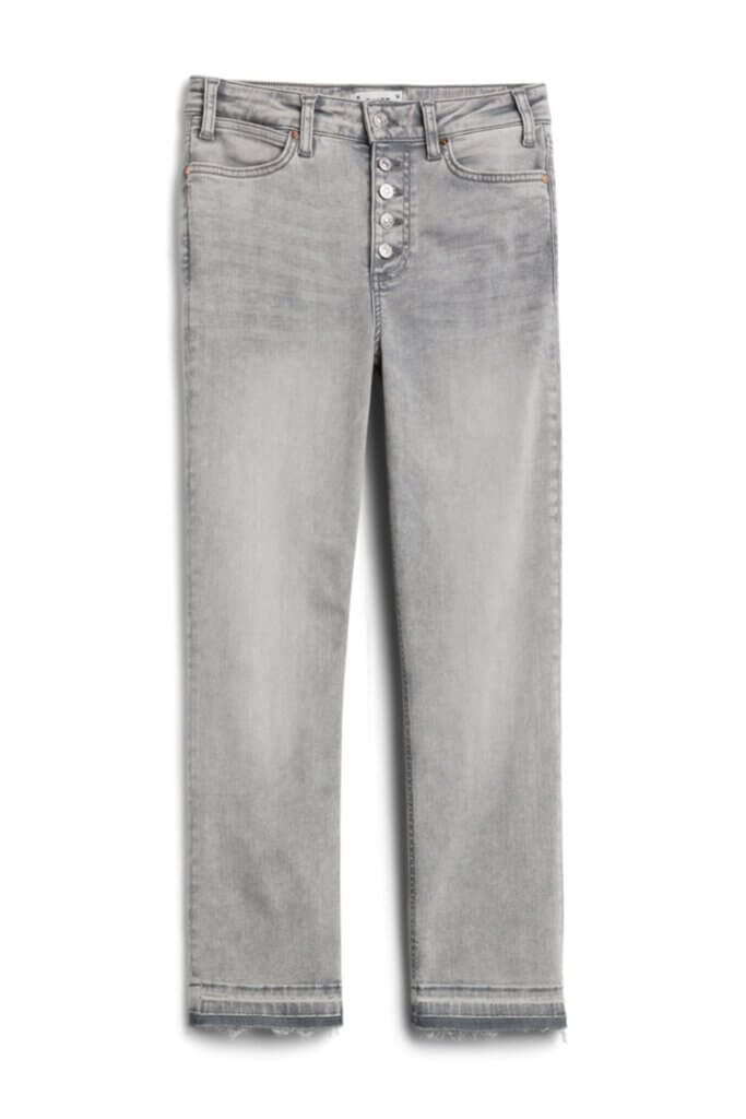 Stitch Fix Women’s grey button-fly straight-leg jeans with frayed hem.