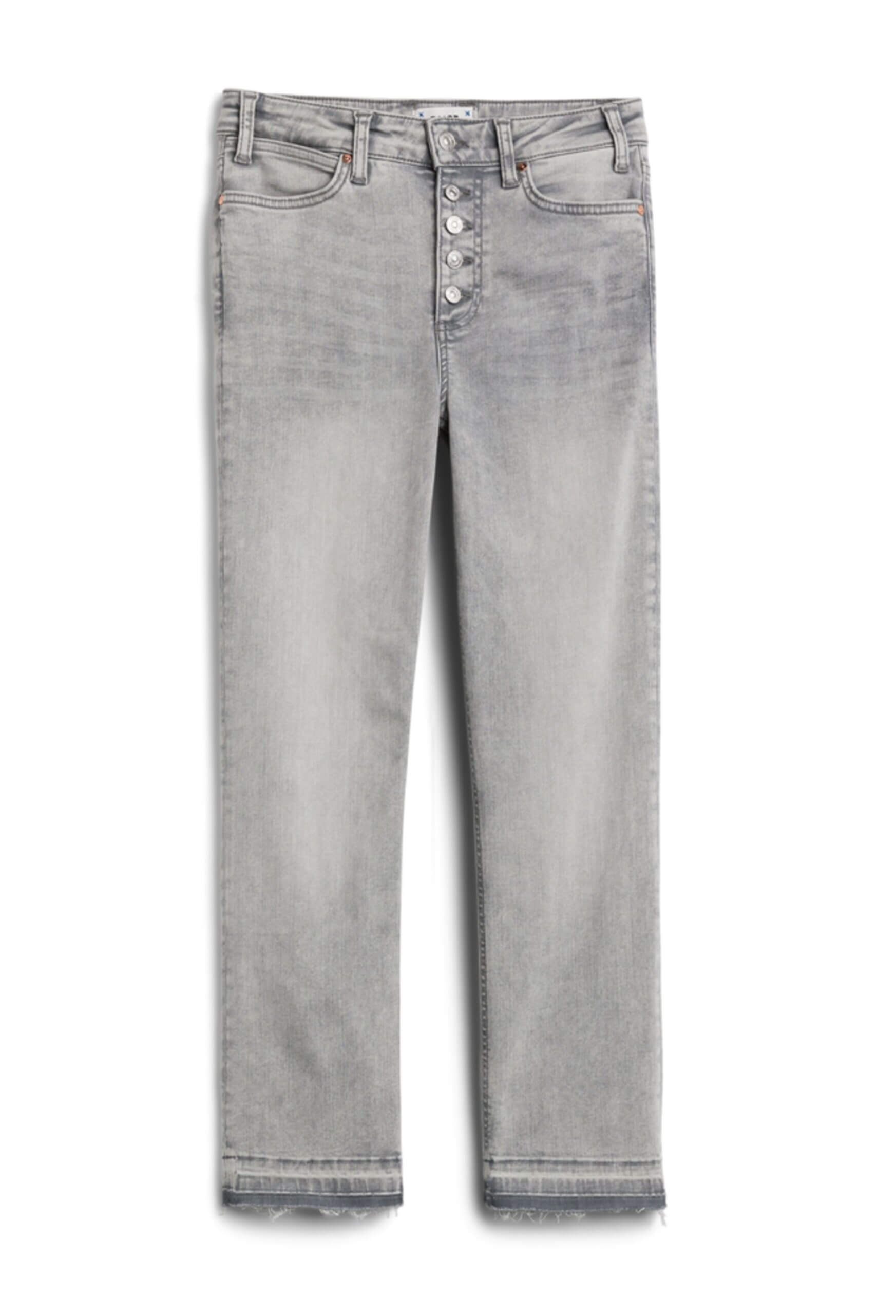 Stitch Fix Women’s grey button-fly straight-leg jeans with frayed hem.