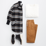 Stitch Fix Women’s cozy fall aesthetic outfit with white sweater, brown pants, black plaid coat and black boots.