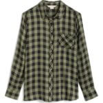 Stitch Fix Women’s olive and black plaid button-up shirt.