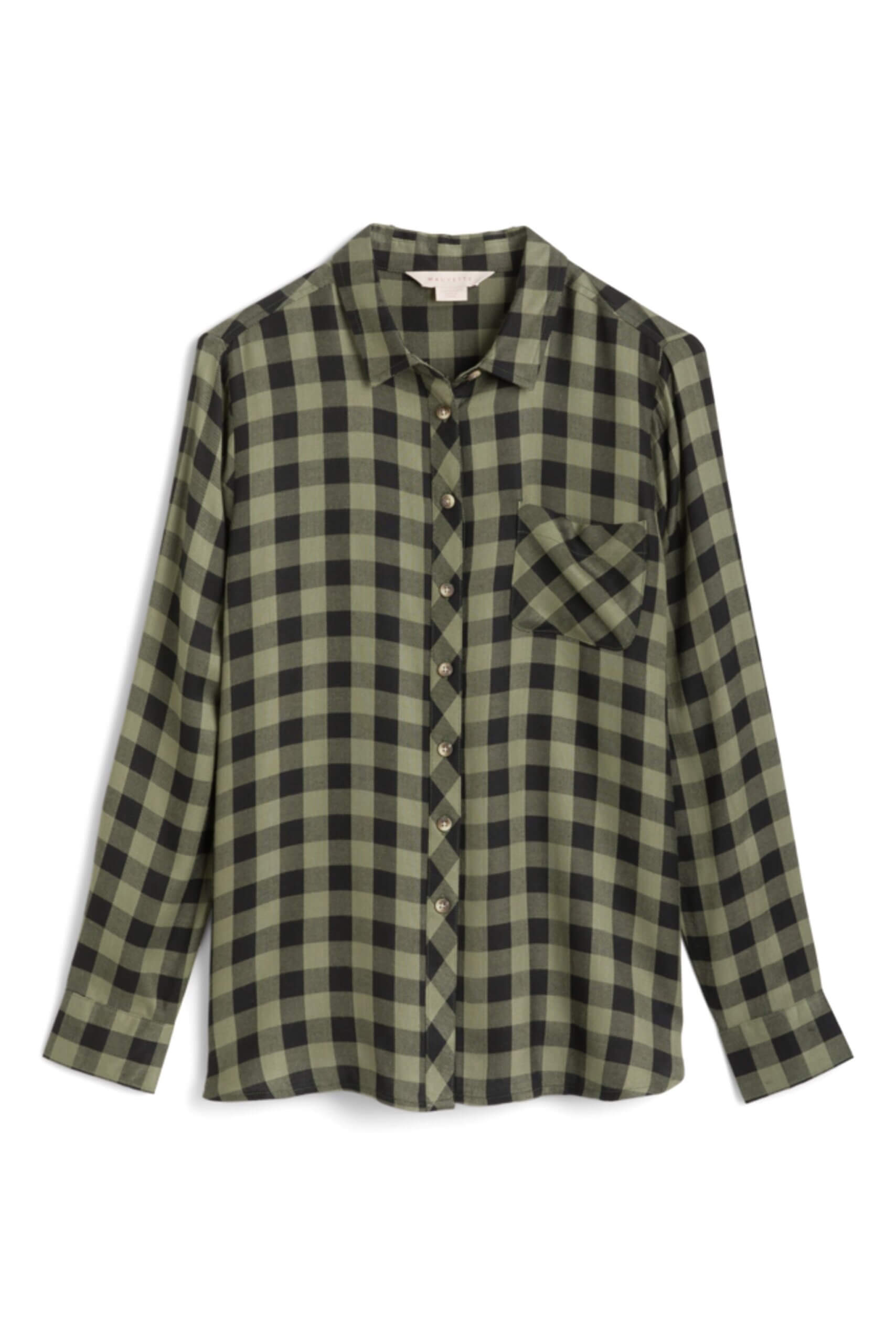 Stitch Fix Women’s olive and black plaid button-up shirt.