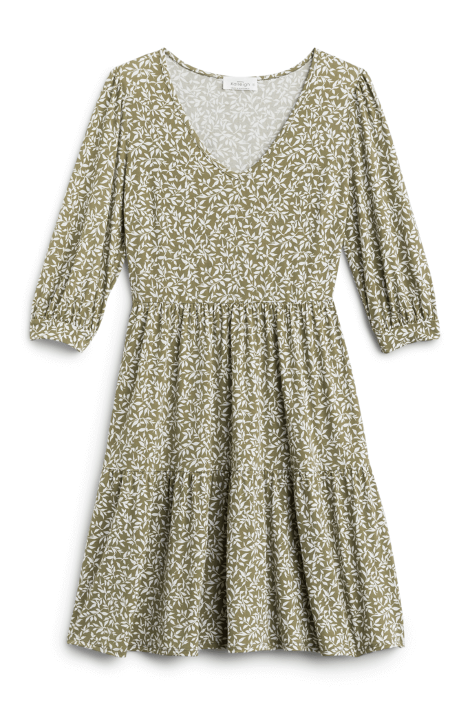 Stitch Fix women’s cottagecore aesthetic green three-quarter sleeve floral dress.