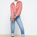 Stitch Fix Women’s model wearing cuffed straight-leg jeans, white ankle boots, black socks, white sweater and pink plaid shacket.