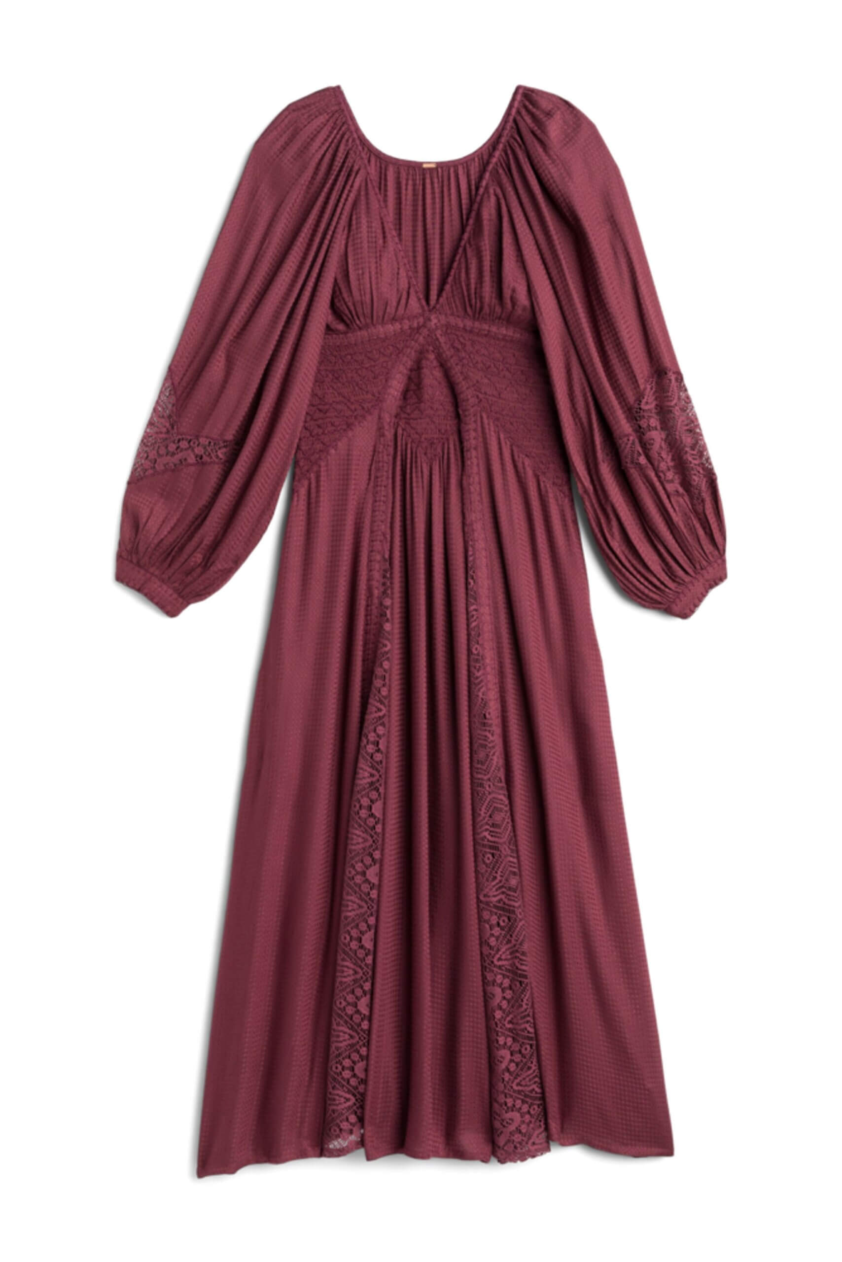 Stitch Fix Women’s burgundy midi dress with lace inlets.