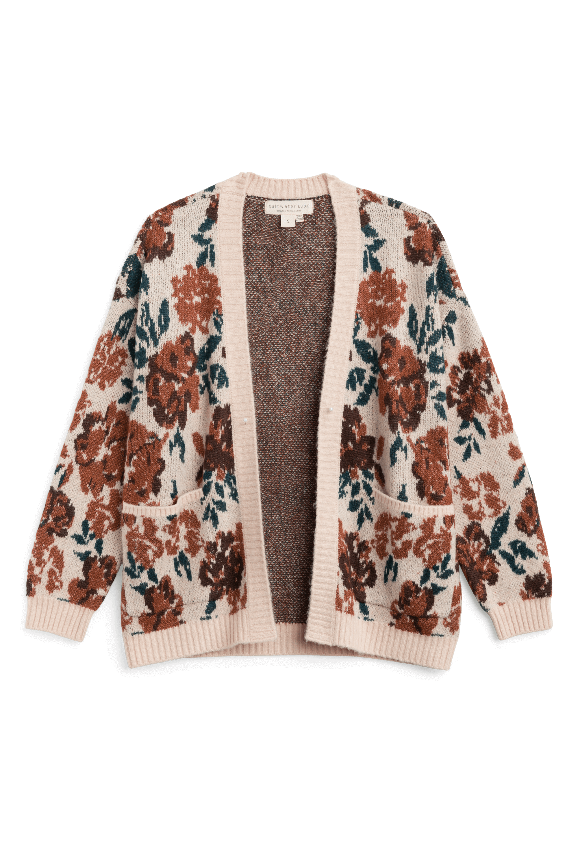 Stitch Fix Women’s tan and burnt orange floral cardigan.