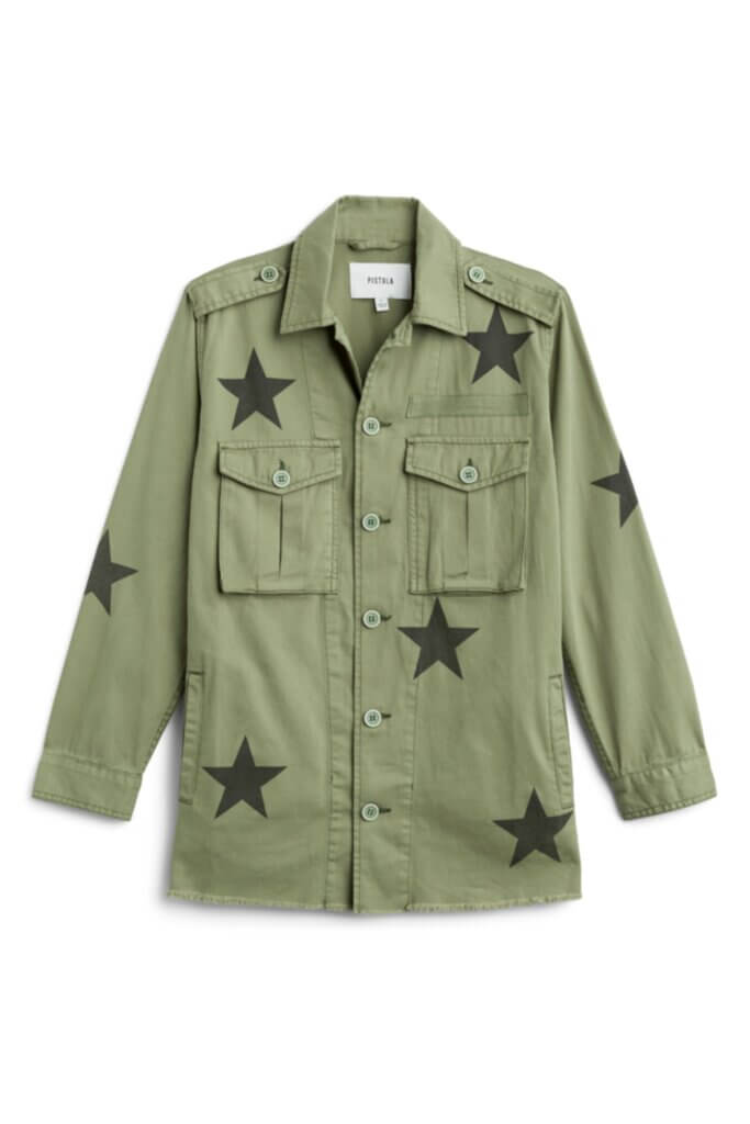 Stitch Fix Women’s olive star print collegiate fashion shacket.