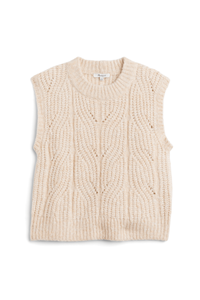 Stitch Fix Women’s cream cable-knit collegiate fashion sweater vest.