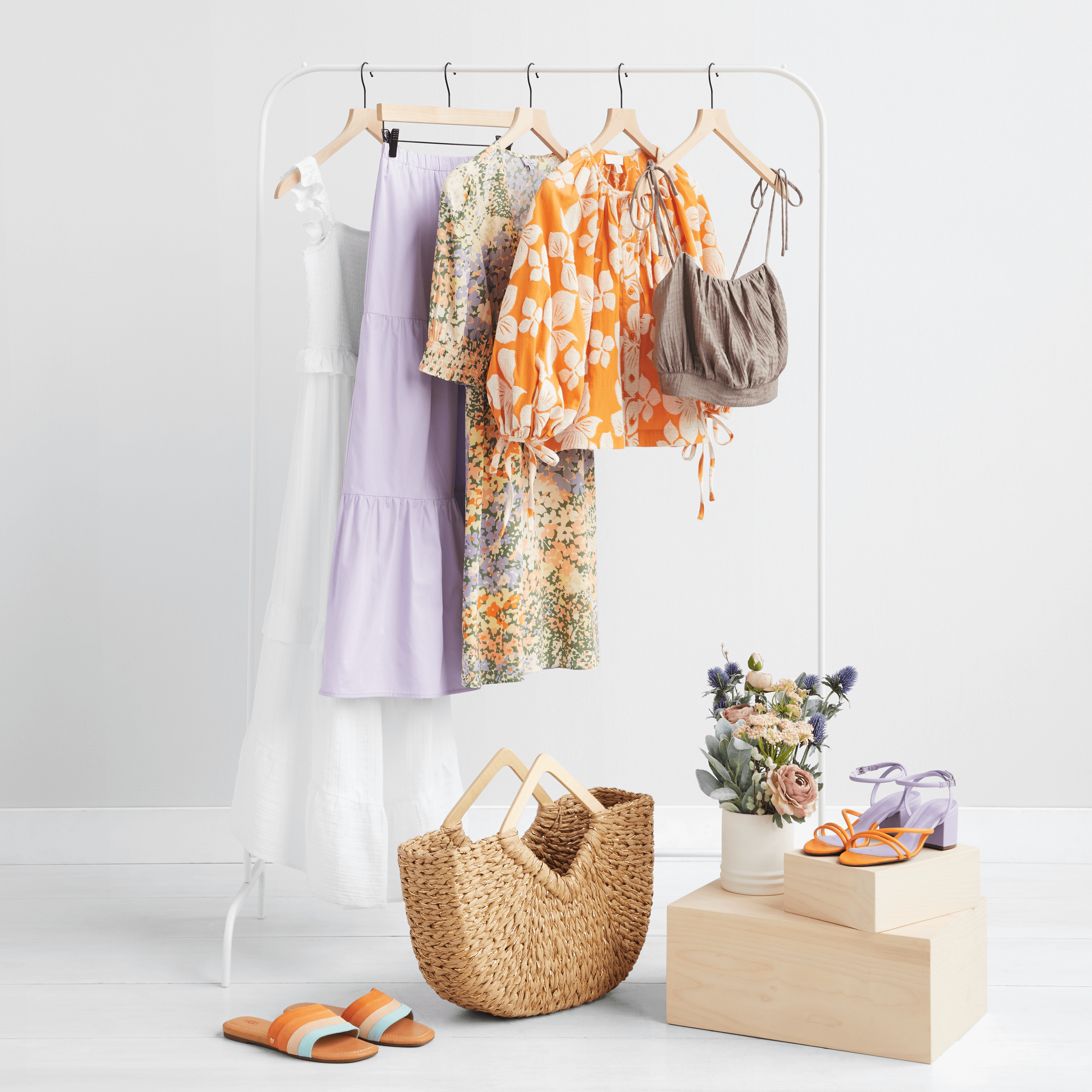 Stitch Fix women’s cottagecore aesthetic dresses, skirt and blouses in various colors and prints.