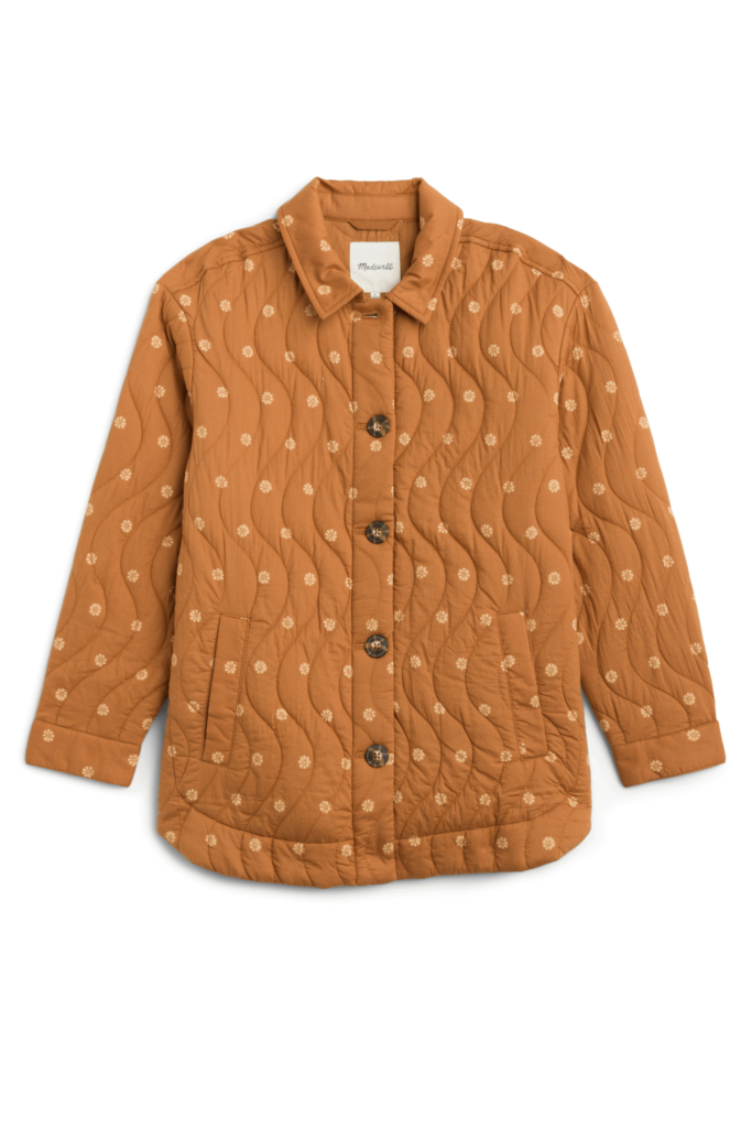 Stitch Fix Women’s brown quilted floral print shacket.